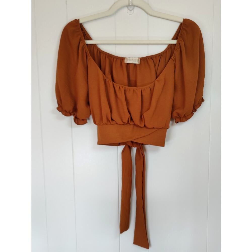 Altar’d State Brown Cropped Wrap Top Puff Sleeve Tie Back Boho Coquette L